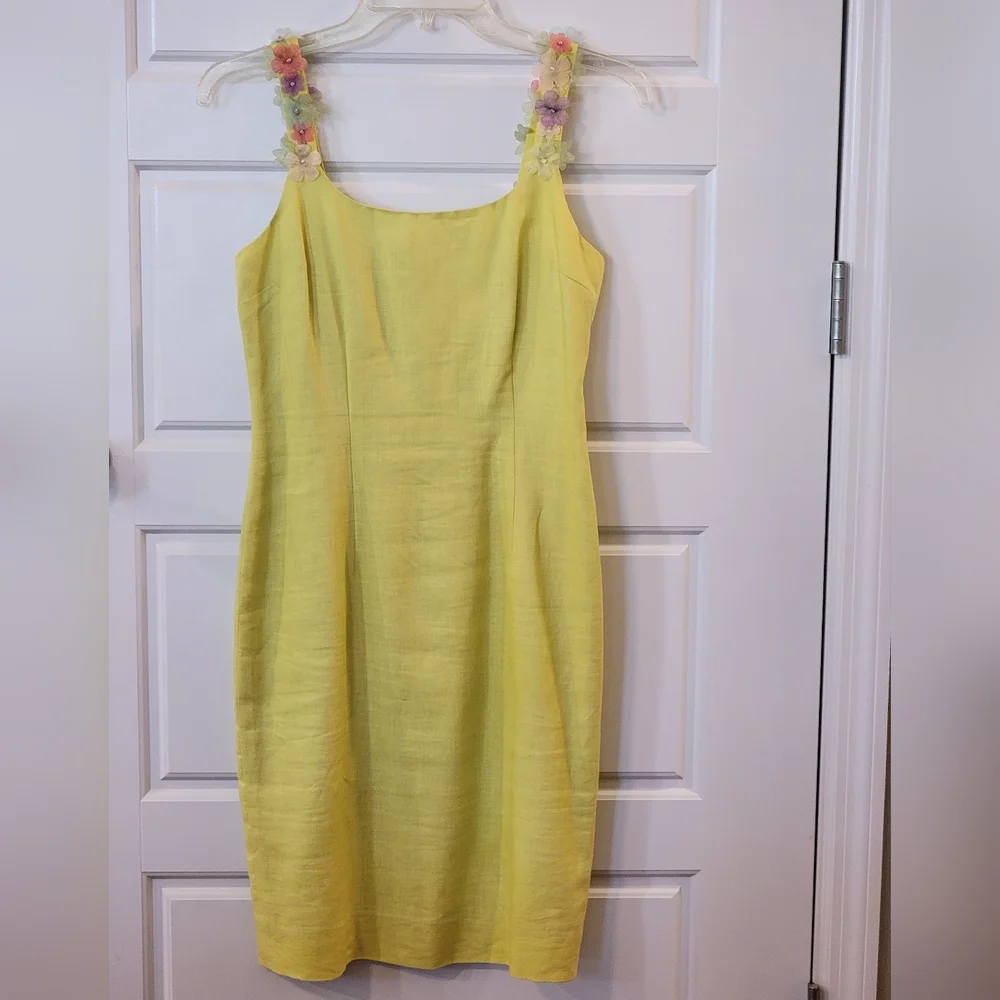 Vintage Althuser Linen-Blend Yellow Floral Strap Sundress 100% Linen Size 2